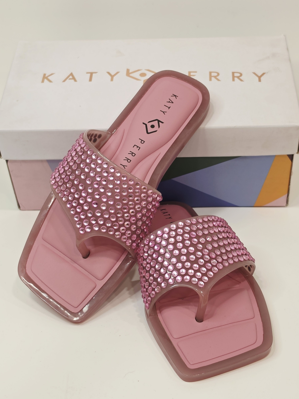 Katy Perry The Geli Slide Thong Rhinestone Slide Sandals in Pink Women's 6M